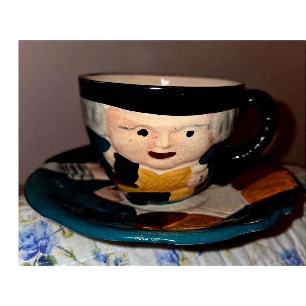 Vintage handpainted Staffordshire, character folkart mug/teacup & saucer England